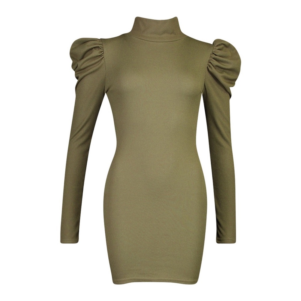 🆕 RIBBED KHAKI HIGH NECK PUFF SLEEVE MINI DRESS!